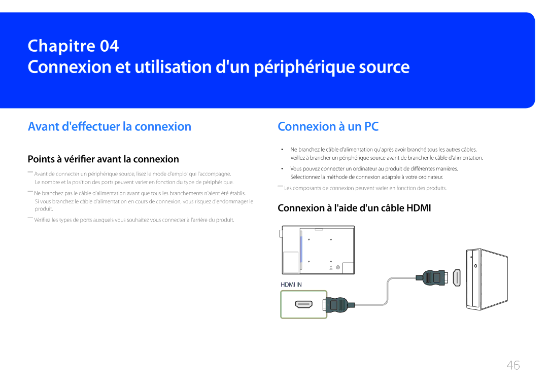 Samsung LH10DBEPEBB/EN Connexion et utilisation dun périphérique source, Avant deffectuer la connexion, Connexion à un PC 