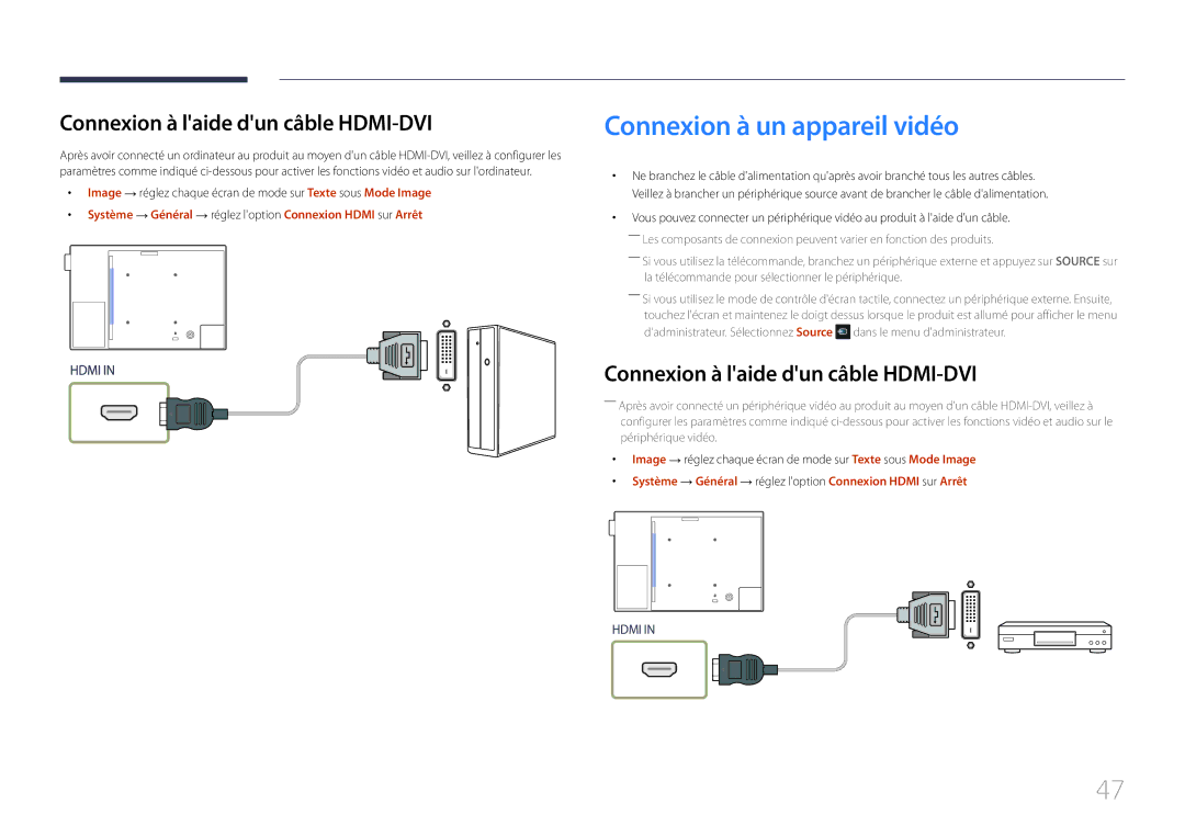 Samsung LH10DBEPPBB/EN, LH10DBEPTGC/EN, LH10DBEPEBB/EN Connexion à un appareil vidéo, Connexion à laide dun câble HDMI-DVI 