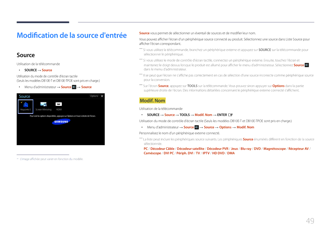 Samsung LH10DBEPEBB/EN, LH10DBEPTGC/EN, LH10DBEPPBB/EN manual Modif. Nom, Utilisation de la télécommande, Source → Source 