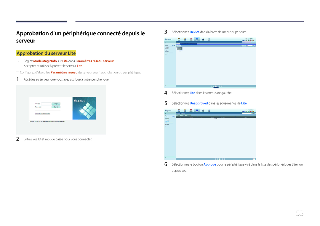 Samsung LH10DBEPPBB/EN manual Approbation dun périphérique connecté depuis le serveur, Approbation du serveur Lite 