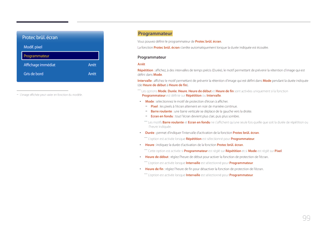 Samsung LH10DBEPTGC/EN, LH10DBEPEBB/EN, LH10DBEPPBB/EN manual Protec brûl. écran, Programmateur, Arrêt 