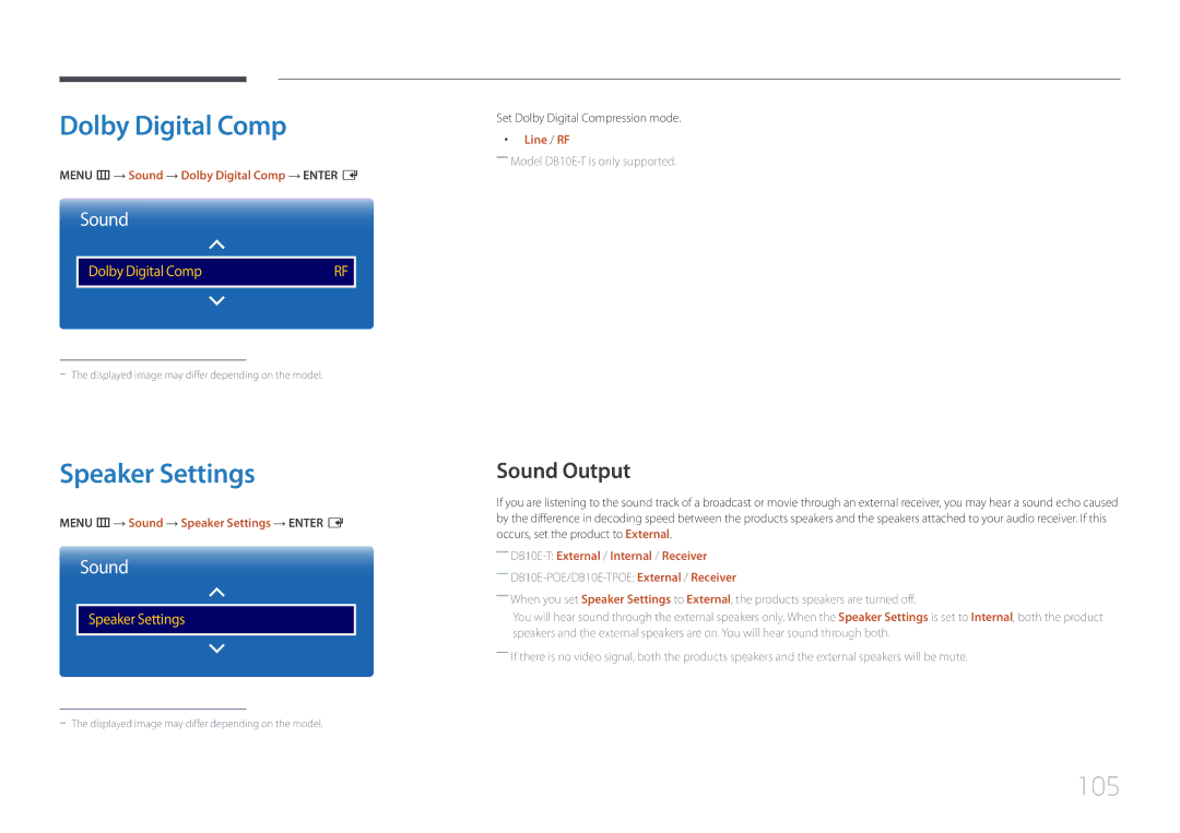 Samsung LH10DBEPTGC/EN, LH10DBEPEBB/EN, LH10DBEPPBB/EN manual Dolby Digital Comp, Speaker Settings, 105, Sound Output 