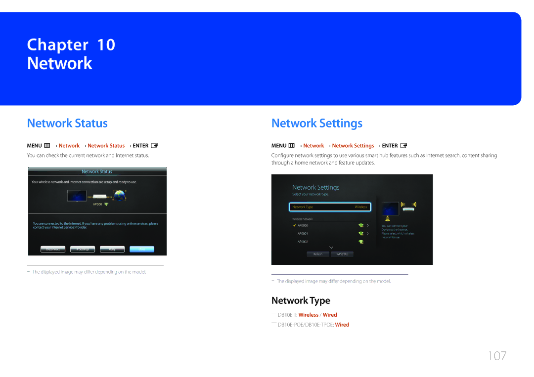 Samsung LH10DBEPPBB/EN, LH10DBEPTGC/EN, LH10DBEPEBB/EN manual Network Settings, 107, Network Type 