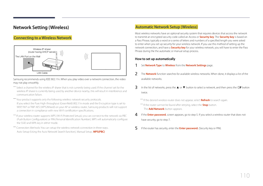 Samsung LH10DBEPPBB/EN 110, Network Setting Wireless, Connecting to a Wireless Network, Automatic Network Setup Wireless 