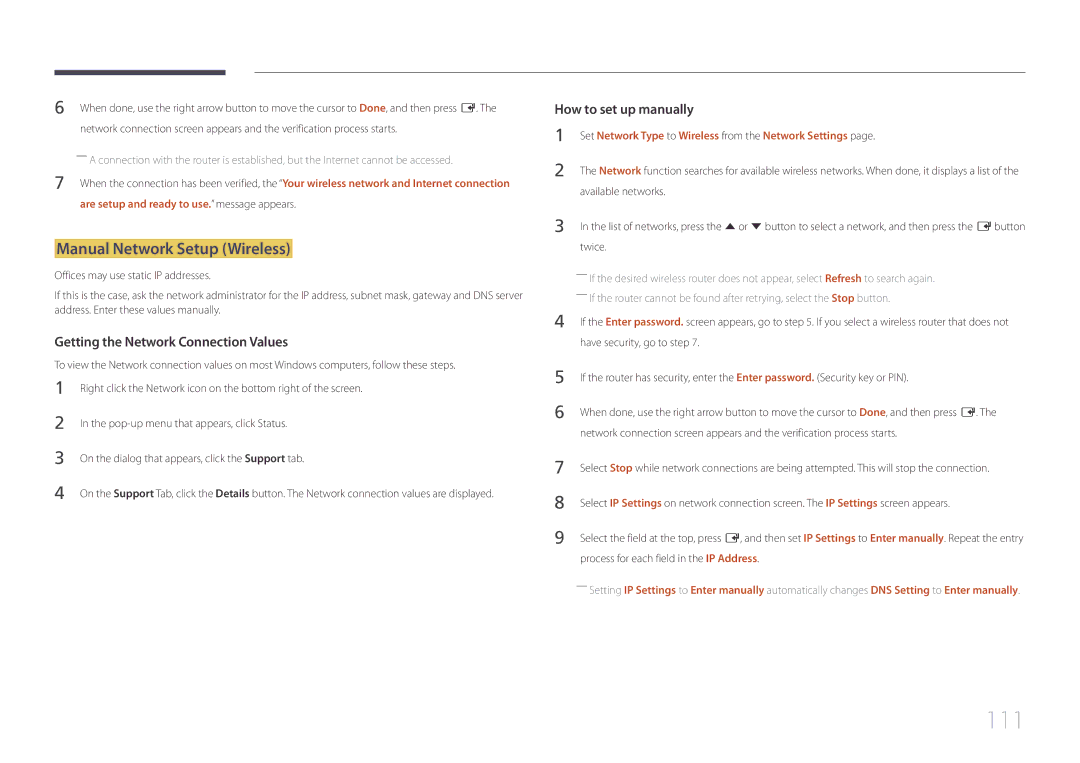 Samsung LH10DBEPTGC/EN, LH10DBEPEBB/EN, LH10DBEPPBB/EN manual 111, Manual Network Setup Wireless 
