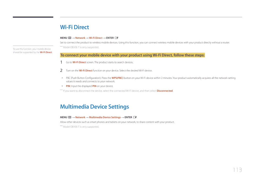 Samsung LH10DBEPPBB/EN, LH10DBEPTGC/EN manual Multimedia Device Settings, 113, Menu m → Network → Wi-Fi Direct → Enter E 