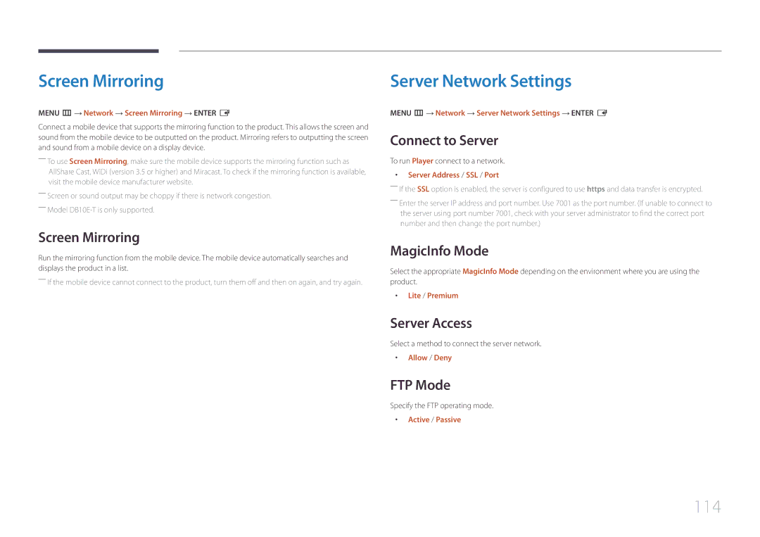 Samsung LH10DBEPTGC/EN, LH10DBEPEBB/EN, LH10DBEPPBB/EN manual Screen Mirroring, Server Network Settings, 114 