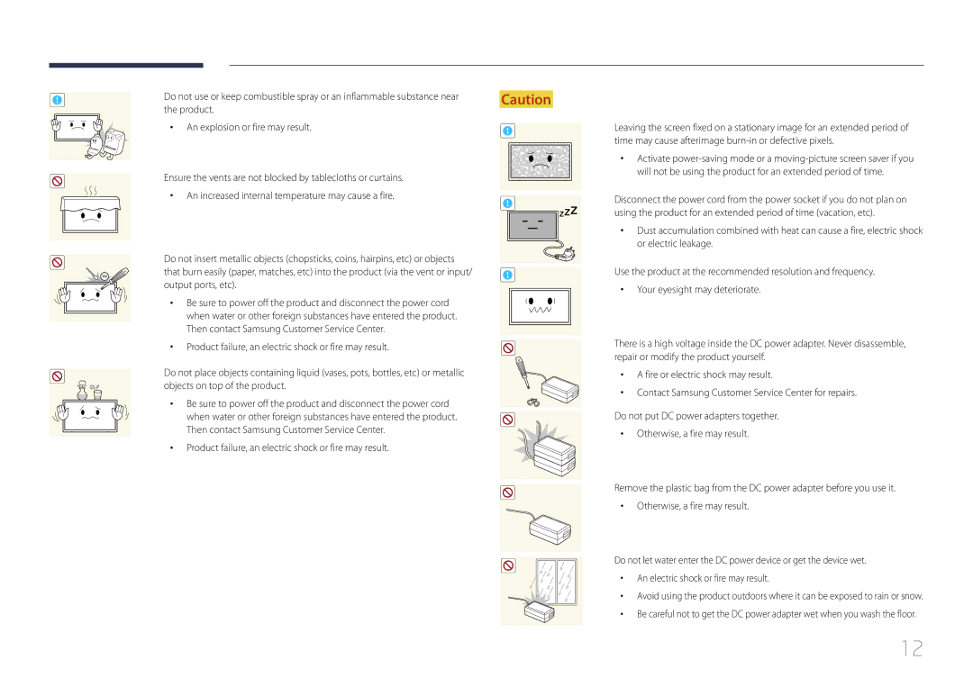 Samsung LH10DBEPTGC/EN, LH10DBEPEBB/EN, LH10DBEPPBB/EN manual Product failure, an electric shock or fire may result 