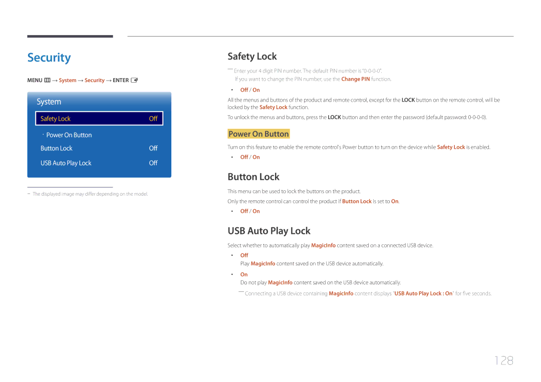 Samsung LH10DBEPPBB/EN, LH10DBEPTGC/EN, LH10DBEPEBB/EN manual Security, 128, Safety Lock, Button Lock, USB Auto Play Lock 