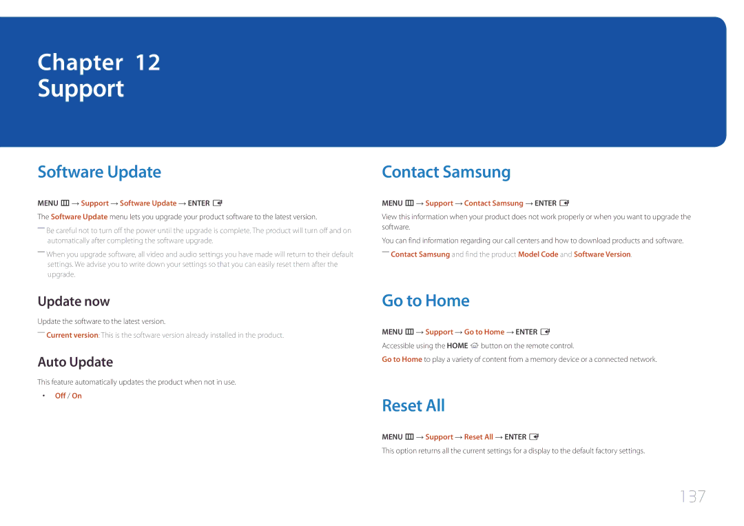 Samsung LH10DBEPPBB/EN, LH10DBEPTGC/EN, LH10DBEPEBB/EN Support, Software Update, Contact Samsung, Go to Home, Reset All 