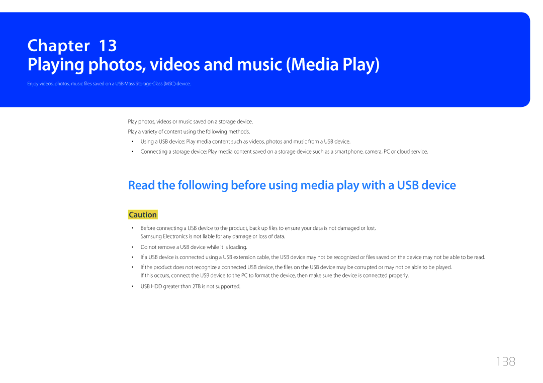 Samsung LH10DBEPTGC/EN manual Playing photos, videos and music Media Play, 138, USB HDD greater than 2TB is not supported 