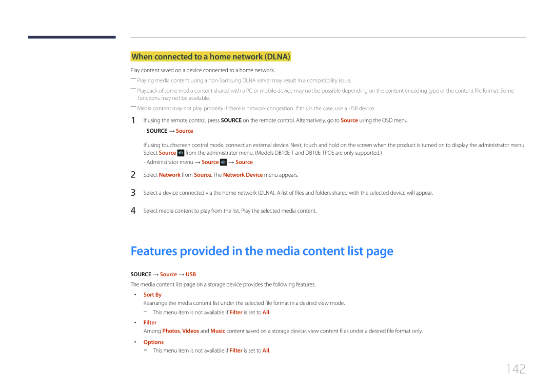 Samsung LH10DBEPEBB/EN manual Features provided in the media content list, 142, When connected to a home network Dlna 