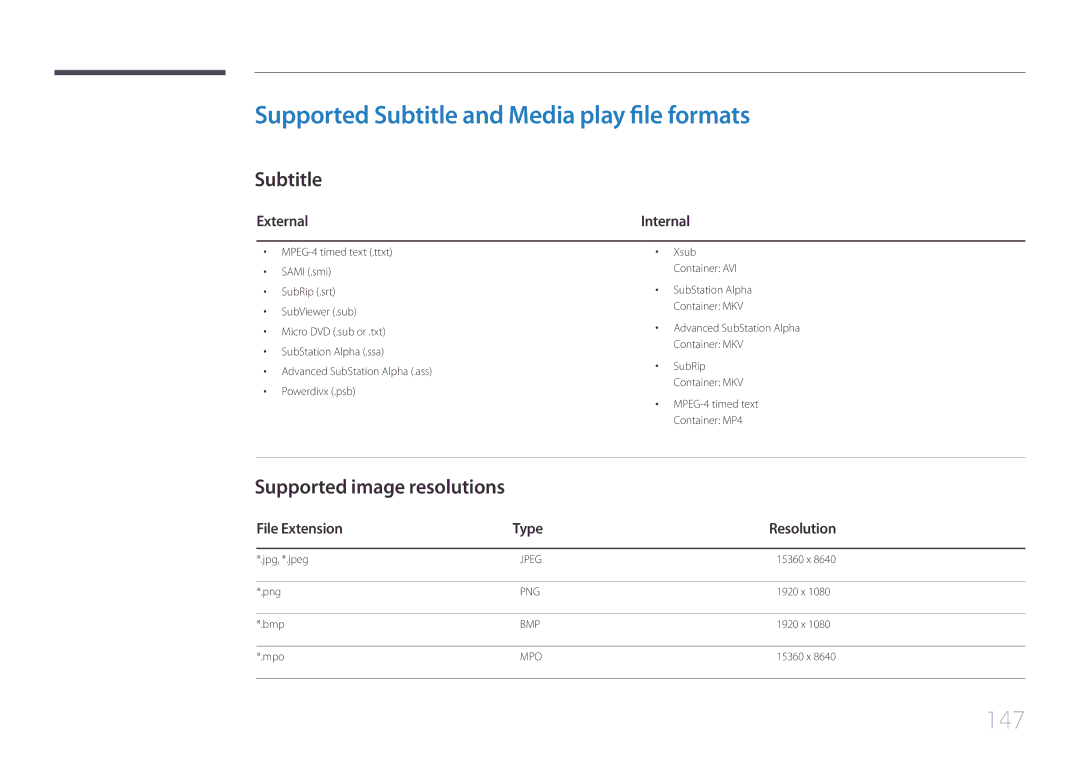 Samsung LH10DBEPTGC/EN, LH10DBEPEBB/EN Supported Subtitle and Media play file formats, 147, Supported image resolutions 