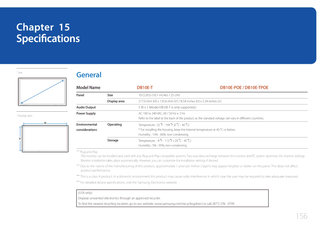 Samsung LH10DBEPTGC/EN, LH10DBEPEBB/EN, LH10DBEPPBB/EN manual Specifications, 156, Model Name 