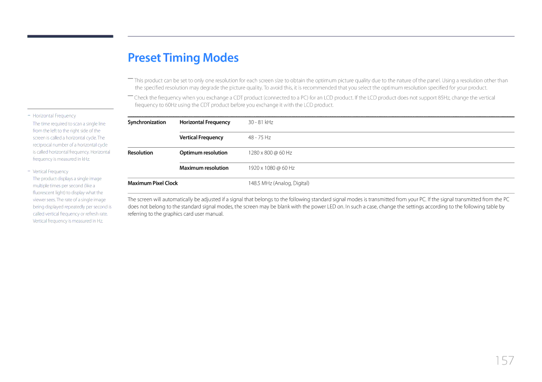 Samsung LH10DBEPEBB/EN, LH10DBEPTGC/EN, LH10DBEPPBB/EN manual Preset Timing Modes, 157 