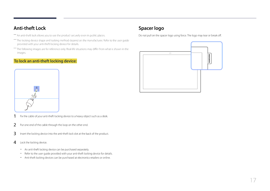 Samsung LH10DBEPPBB/EN, LH10DBEPTGC/EN, LH10DBEPEBB/EN manual Anti-theft Lock, To lock an anti-theft locking device 