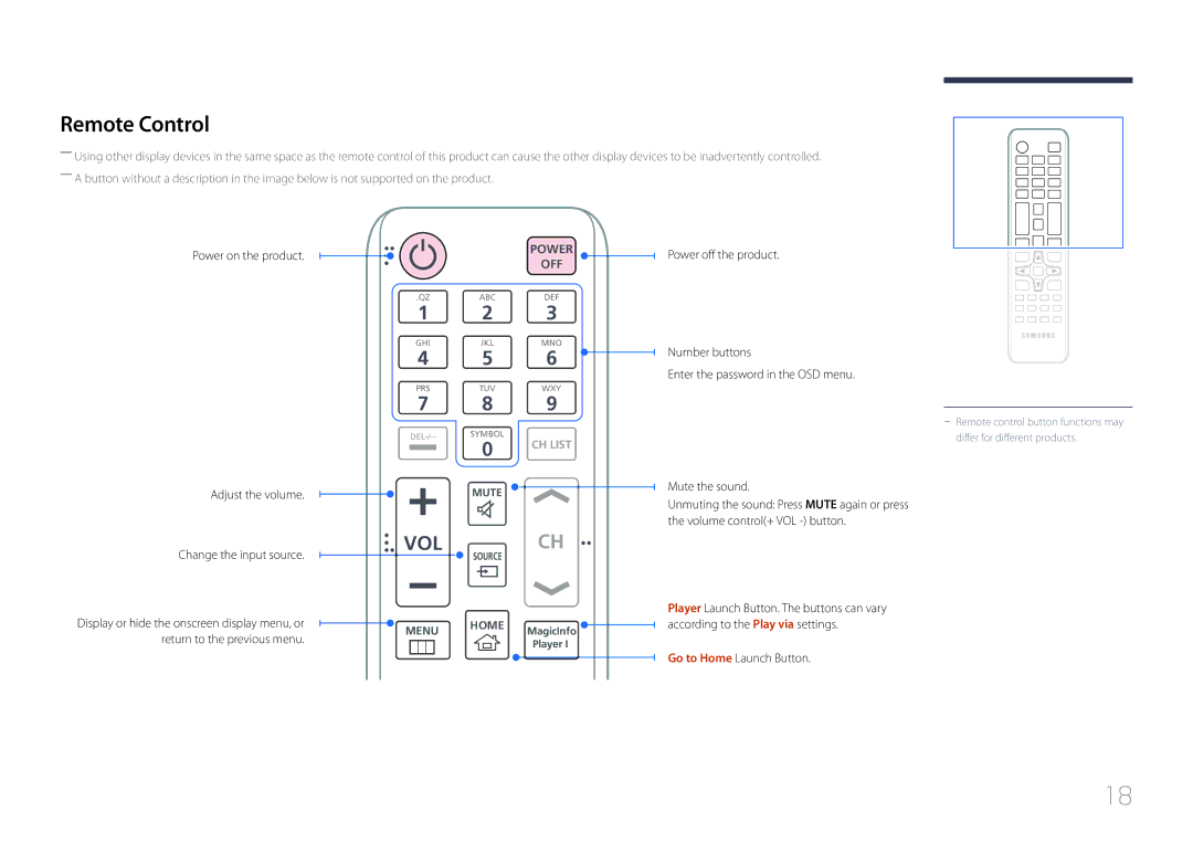 Samsung LH10DBEPTGC/EN, LH10DBEPEBB/EN Remote Control, Power on the product Adjust the volume, Change the input source 