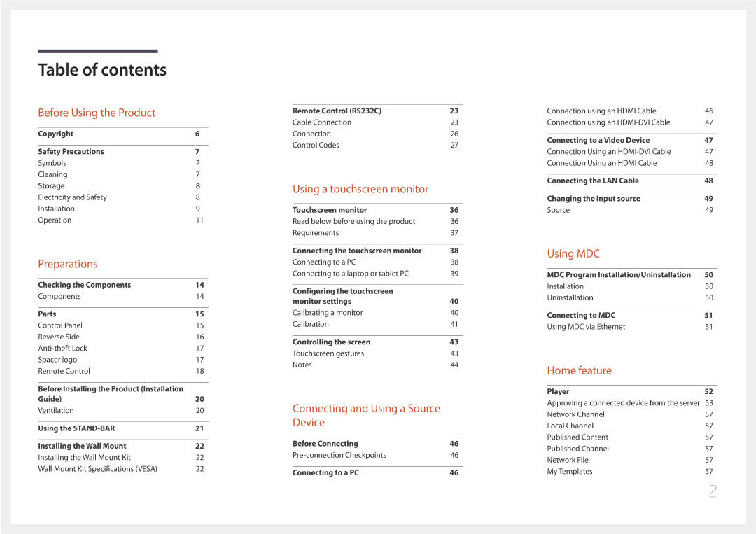 Samsung LH10DBEPPBB/EN, LH10DBEPTGC/EN, LH10DBEPEBB/EN manual Table of contents 