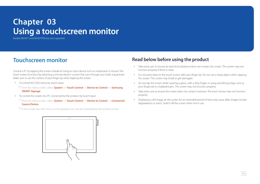 Samsung LH10DBEPTGC/EN Touchscreen monitor, Read below before using the product, To control the OSD menu by touch input 