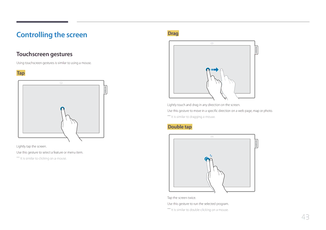 Samsung LH10DBEPEBB/EN, LH10DBEPTGC/EN, LH10DBEPPBB/EN Controlling the screen, Touchscreen gestures, Tap, Drag, Double tap 