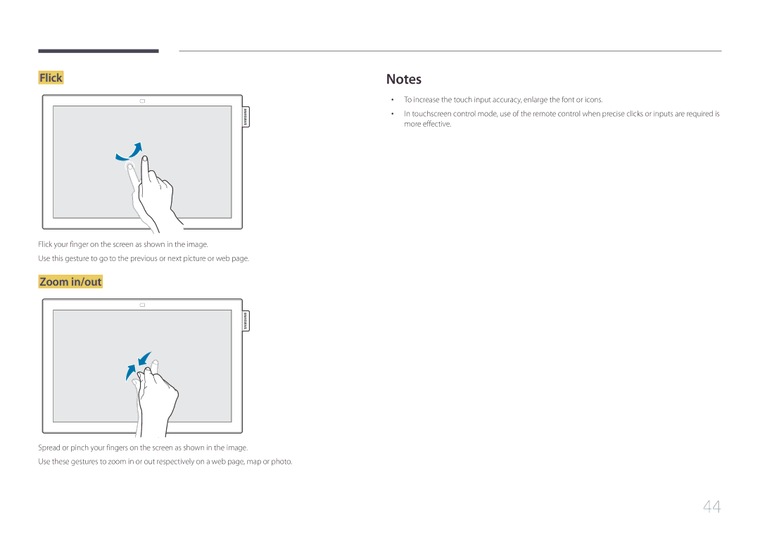 Samsung LH10DBEPPBB/EN, LH10DBEPTGC/EN, LH10DBEPEBB/EN manual Flick, Zoom in/out 