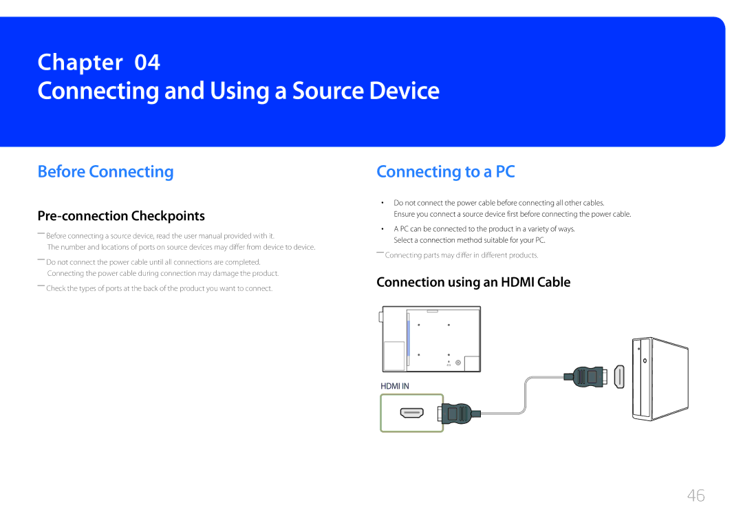 Samsung LH10DBEPEBB/EN, LH10DBEPTGC/EN manual Connecting and Using a Source Device, Before Connecting, Connecting to a PC 