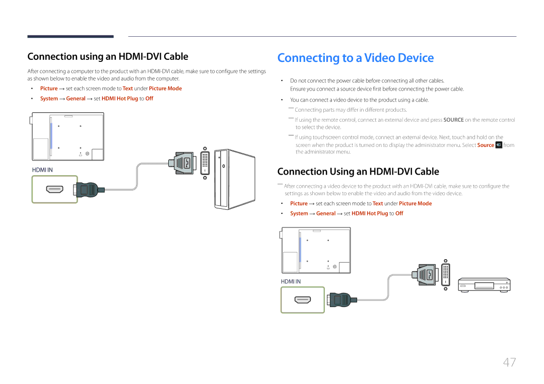 Samsung LH10DBEPPBB/EN, LH10DBEPTGC/EN, LH10DBEPEBB/EN Connecting to a Video Device, Connection using an HDMI-DVI Cable 