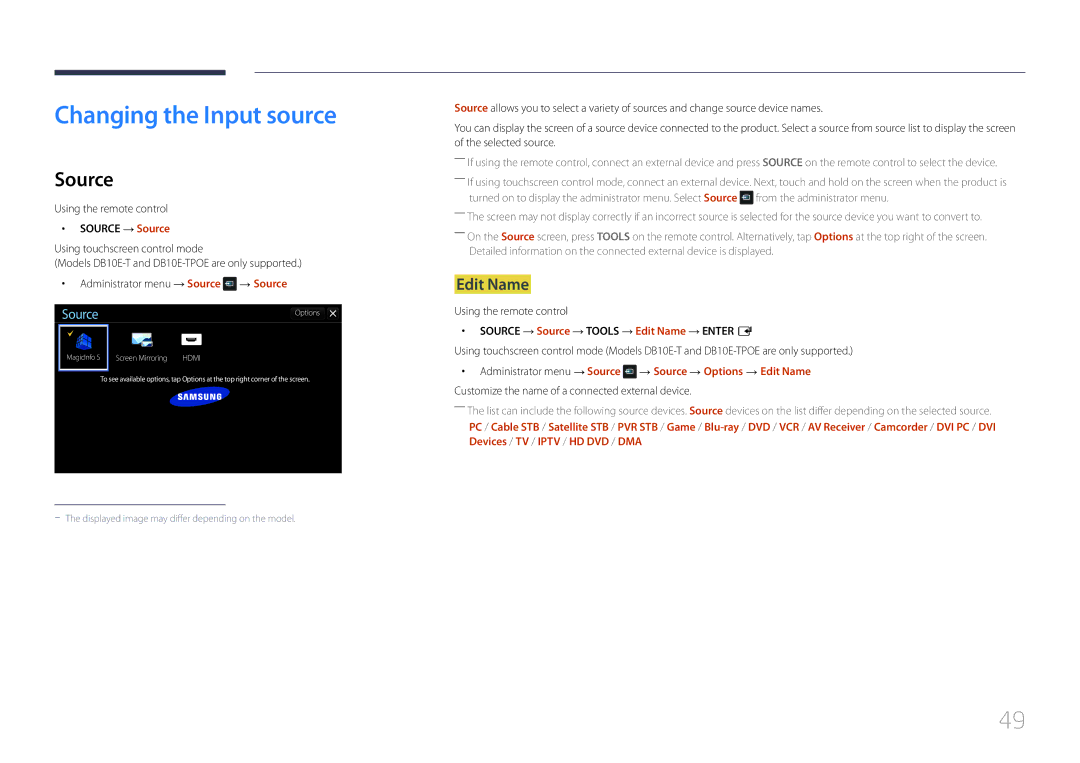 Samsung LH10DBEPEBB/EN, LH10DBEPTGC/EN, LH10DBEPPBB/EN manual Changing the Input source, Edit Name, Source → Source 