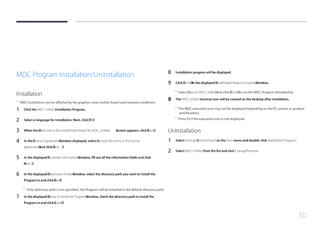 Samsung LH10DBEPPBB/EN, LH10DBEPTGC/EN manual Using MDC, Uninstallation, Select a language for installation. Next, click OK 