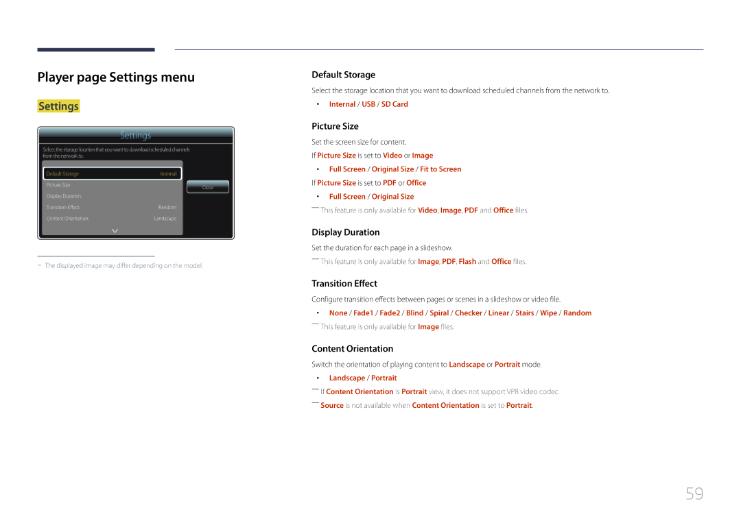 Samsung LH10DBEPPBB/EN, LH10DBEPTGC/EN manual Player page Settings menu, Internal / USB / SD Card, Landscape / Portrait 