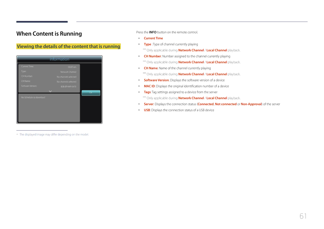 Samsung LH10DBEPEBB/EN manual When Content is Running, Viewing the details of the content that is running, Current Time 