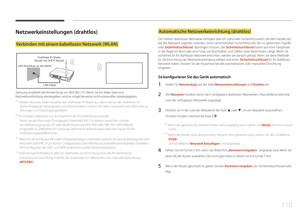 Samsung LH10DBEPPBB/EN manual 110, Netzwerkeinstellungen drahtlos, Verbinden mit einem kabellosen Netzwerk Wlan, Stopp 