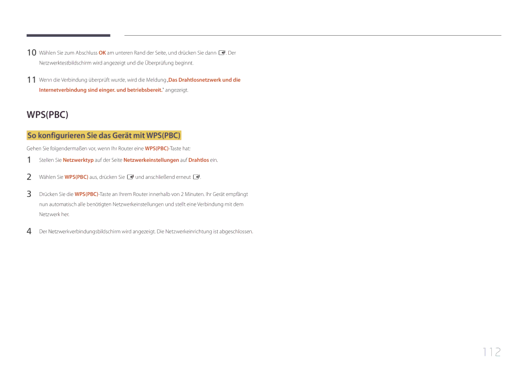 Samsung LH10DBEPEBB/EN, LH10DBEPTGC/EN, LH10DBEPPBB/EN manual 112, So konfigurieren Sie das Gerät mit Wpspbc 
