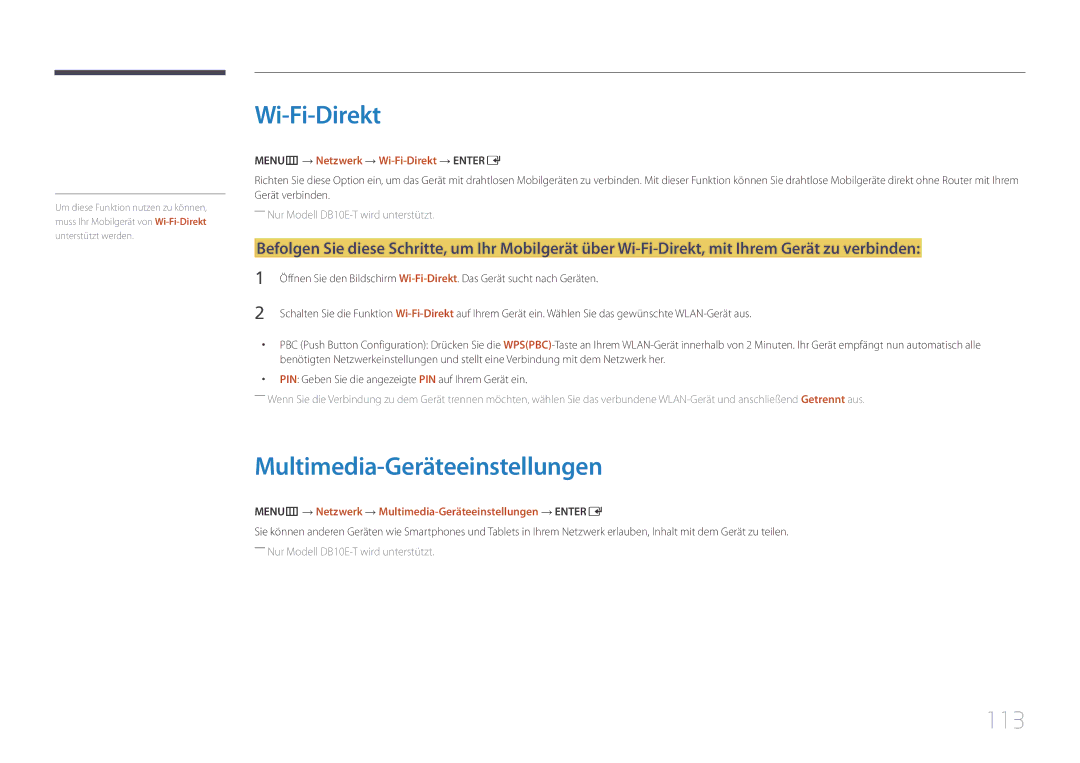 Samsung LH10DBEPPBB/EN, LH10DBEPTGC/EN Multimedia-Geräteeinstellungen, 113, MENUm → Netzwerk → Wi-Fi-Direkt → Entere 
