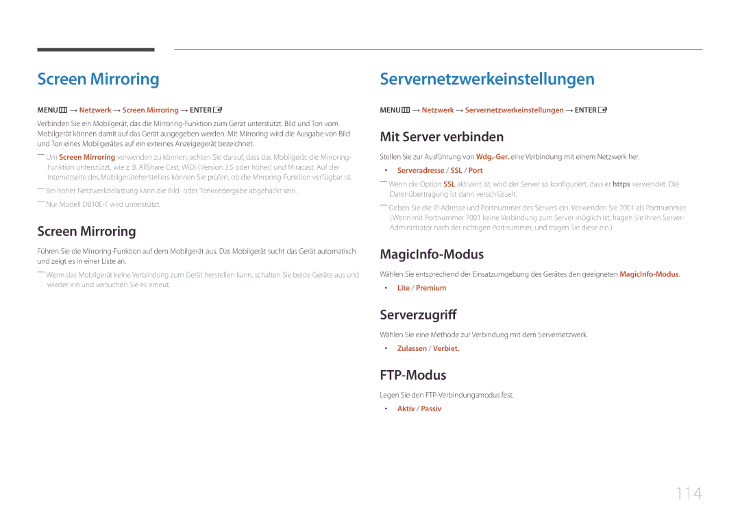 Samsung LH10DBEPTGC/EN, LH10DBEPEBB/EN, LH10DBEPPBB/EN manual Screen Mirroring, Servernetzwerkeinstellungen, 114 