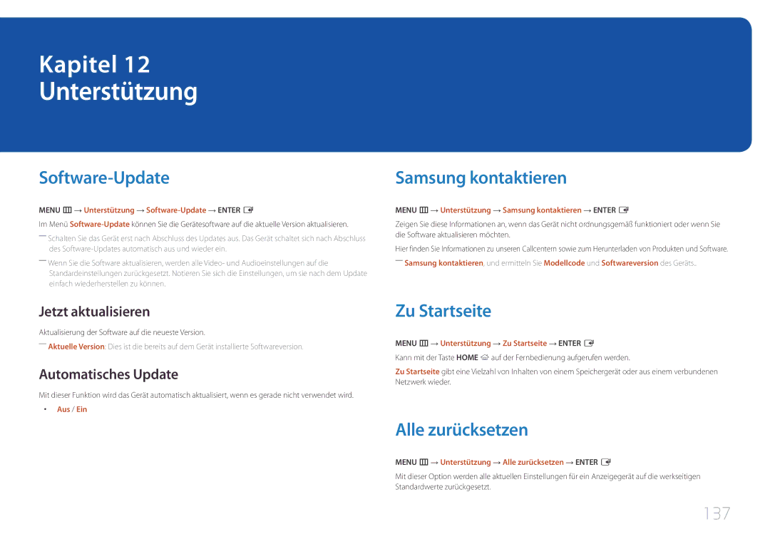 Samsung LH10DBEPPBB/EN manual Unterstützung, Software-Update, Samsung kontaktieren, Zu Startseite, Alle zurücksetzen 