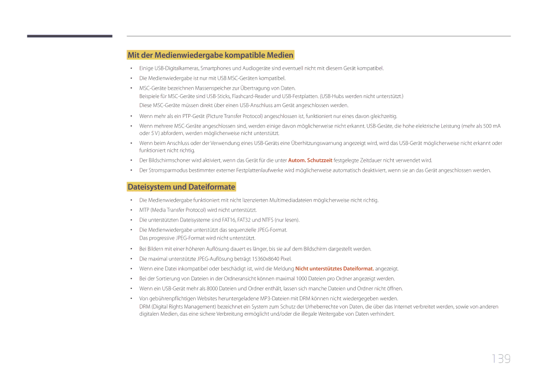 Samsung LH10DBEPEBB/EN, LH10DBEPTGC/EN manual 139, Mit der Medienwiedergabe kompatible Medien, Dateisystem und Dateiformate 