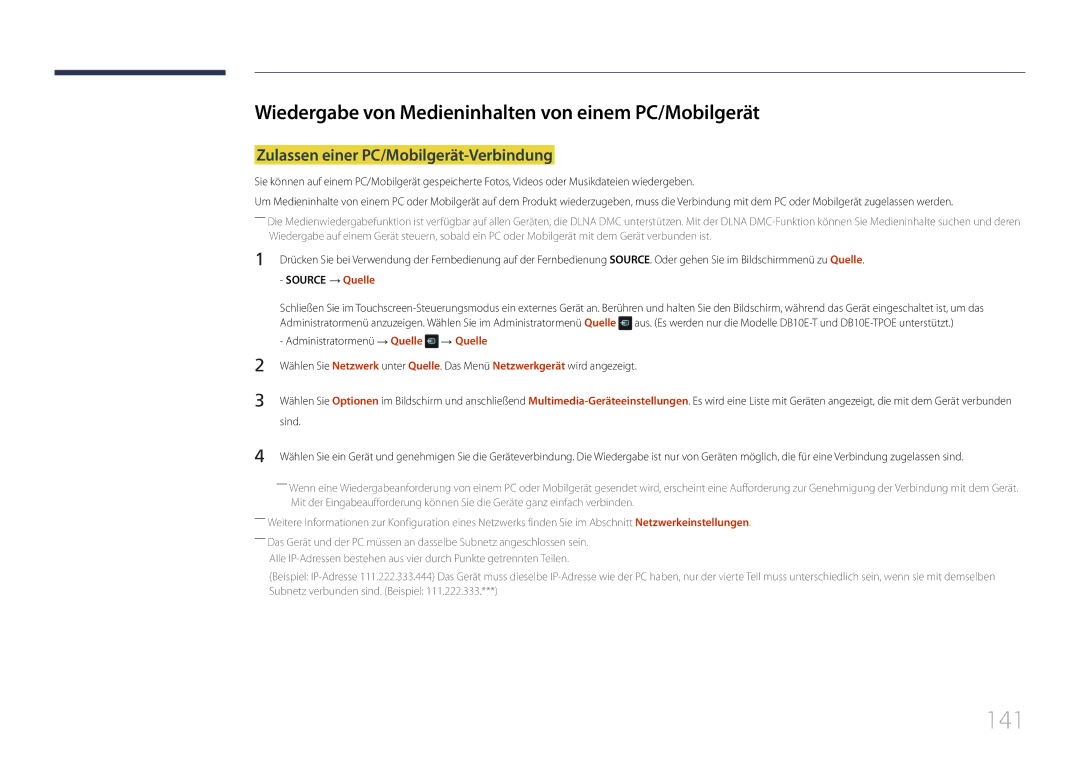 Samsung LH10DBEPTGC/EN 141, Wiedergabe von Medieninhalten von einem PC/Mobilgerät, Zulassen einer PC/Mobilgerät-Verbindung 