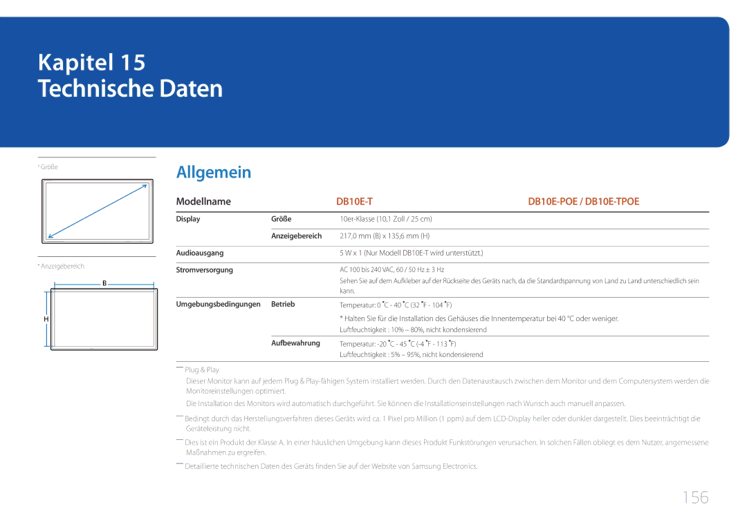 Samsung LH10DBEPTGC/EN, LH10DBEPEBB/EN Technische Daten, 156, Modellname, Stromversorgung, Umgebungsbedingungen Betrieb 