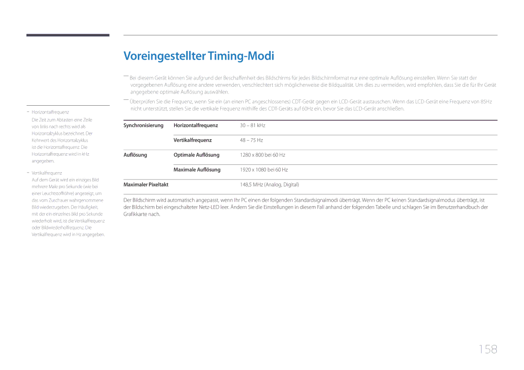 Samsung LH10DBEPPBB/EN, LH10DBEPTGC/EN, LH10DBEPEBB/EN manual Voreingestellter Timing-Modi, 158, 148,5 MHz Analog, Digital 