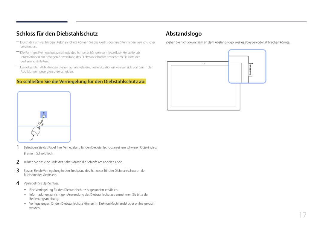 Samsung LH10DBEPPBB/EN manual Schloss für den Diebstahlschutz, So schließen Sie die Verriegelung für den Diebstahlschutz ab 