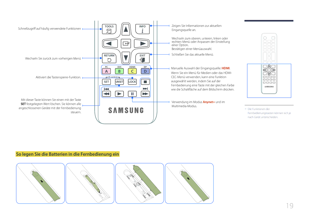 Samsung LH10DBEPEBB/EN, LH10DBEPTGC/EN, LH10DBEPPBB/EN manual So legen Sie die Batterien in die Fernbedienung ein 