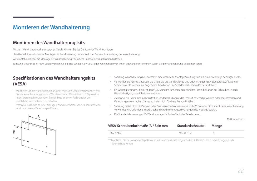 Samsung LH10DBEPEBB/EN, LH10DBEPTGC/EN, LH10DBEPPBB/EN Montieren der Wandhalterung, Montieren des Wandhalterungskits, Menge 