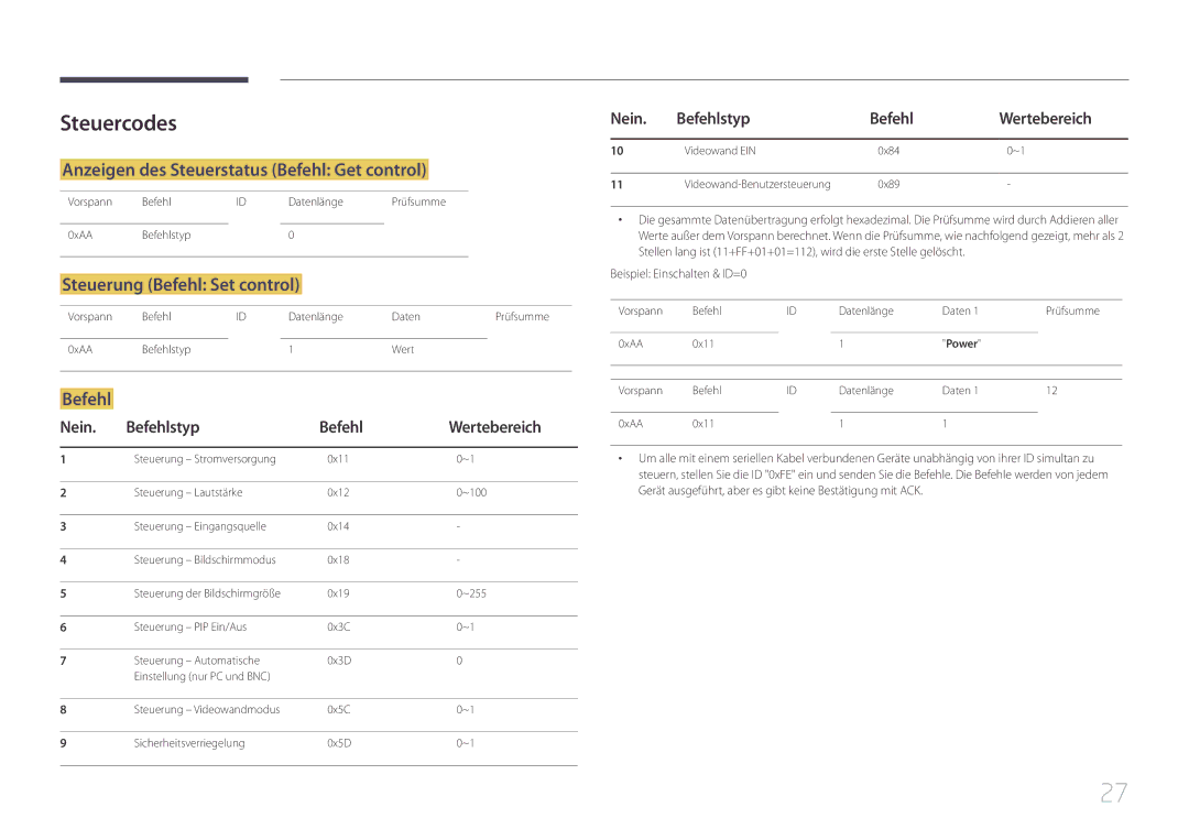 Samsung LH10DBEPTGC/EN manual Steuercodes, Anzeigen des Steuerstatus Befehl Get control, Steuerung Befehl Set control 