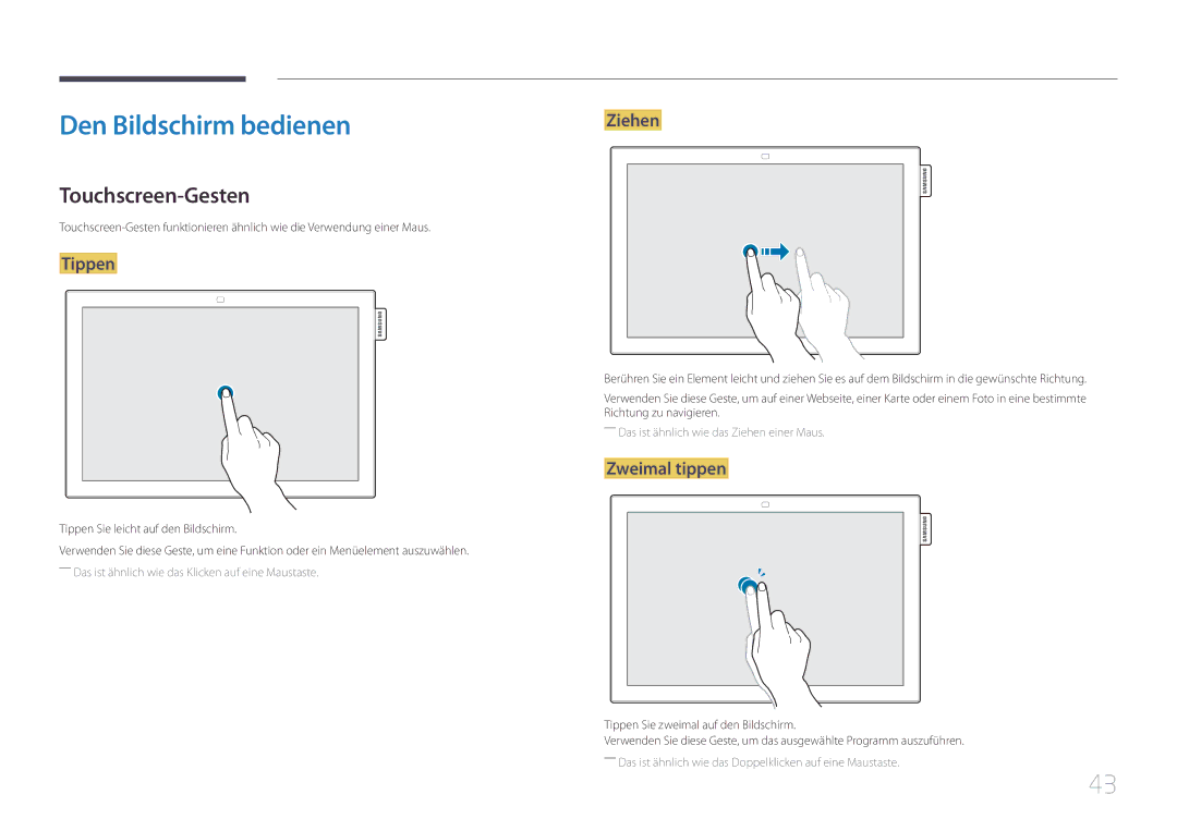 Samsung LH10DBEPEBB/EN, LH10DBEPTGC/EN manual Den Bildschirm bedienen, Touchscreen-Gesten, Tippen, Ziehen, Zweimal tippen 