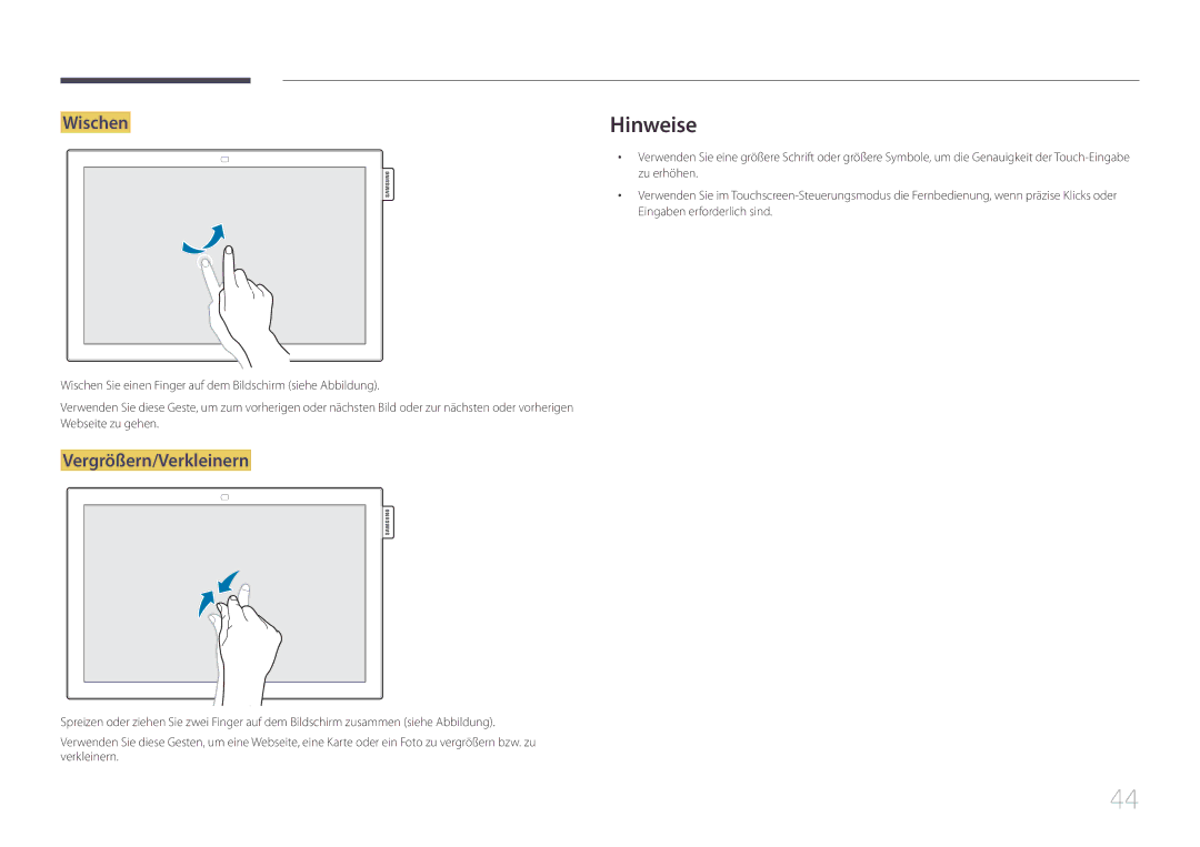 Samsung LH10DBEPPBB/EN, LH10DBEPTGC/EN, LH10DBEPEBB/EN manual Hinweise, Wischen, Vergrößern/Verkleinern 