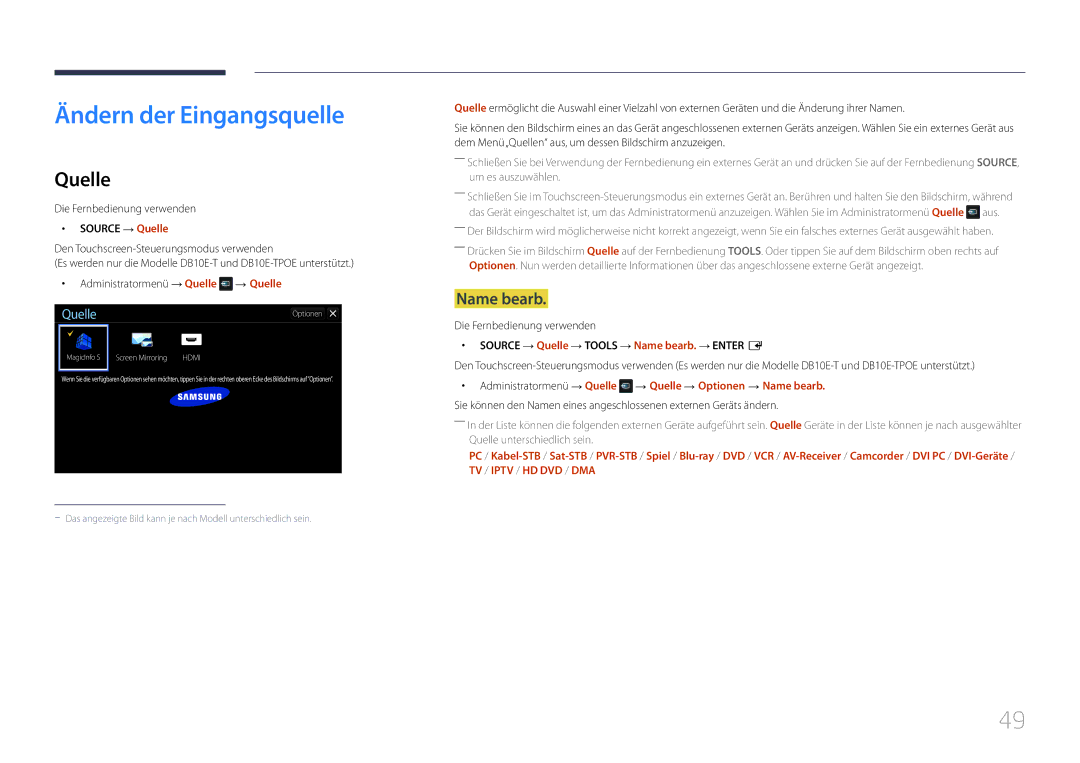 Samsung LH10DBEPEBB/EN, LH10DBEPTGC/EN, LH10DBEPPBB/EN manual Ändern der Eingangsquelle, Quelle, Name bearb 