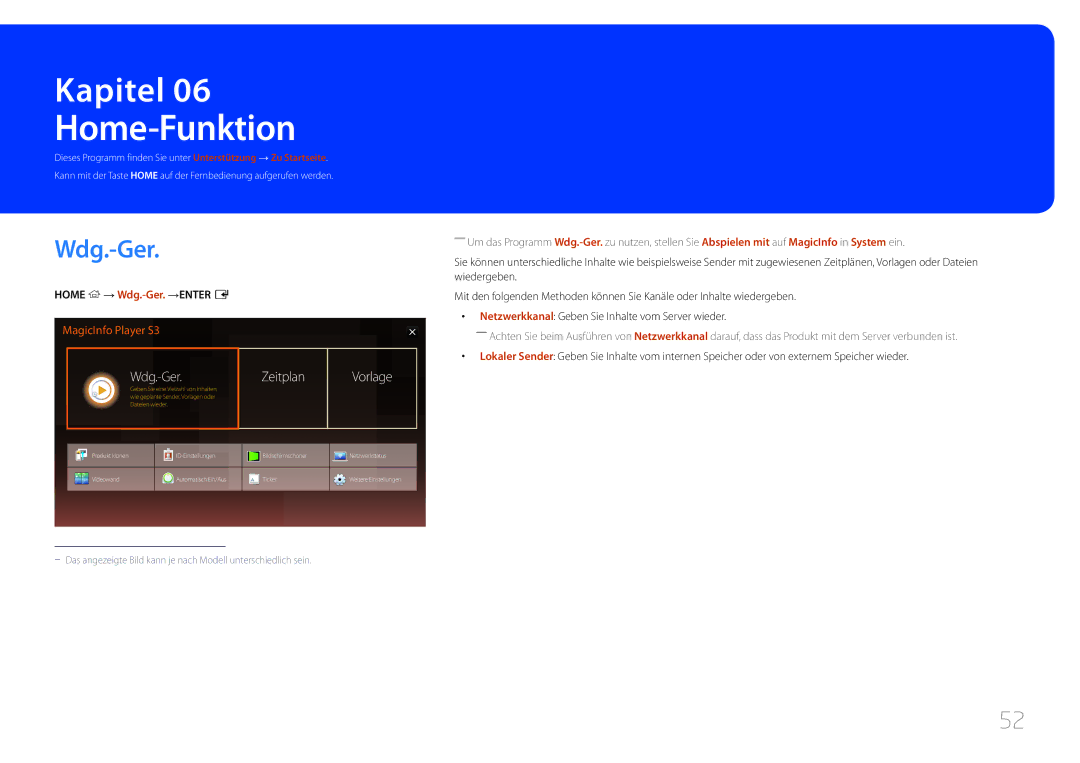 Samsung LH10DBEPEBB/EN, LH10DBEPTGC/EN, LH10DBEPPBB/EN manual Home-Funktion, Zeitplan Vorlage, Home → Wdg.-Ger.→ENTER E 