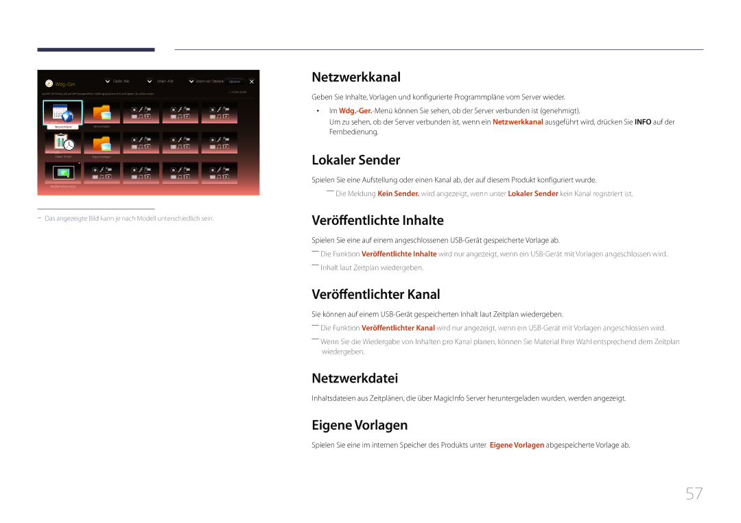 Samsung LH10DBEPTGC/EN manual Netzwerkkanal, Lokaler Sender, Veröffentlichte Inhalte, Veröffentlichter Kanal, Netzwerkdatei 