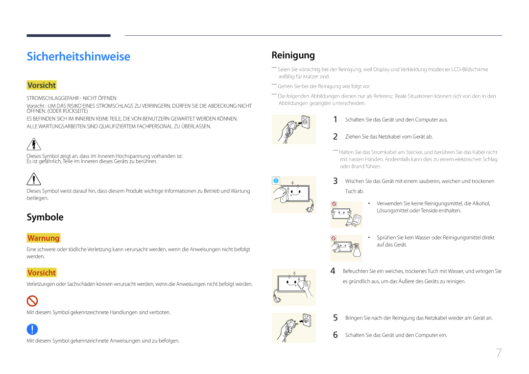 Samsung LH10DBEPEBB/EN, LH10DBEPTGC/EN, LH10DBEPPBB/EN manual Sicherheitshinweise, Symbole, Reinigung, Vorsicht 